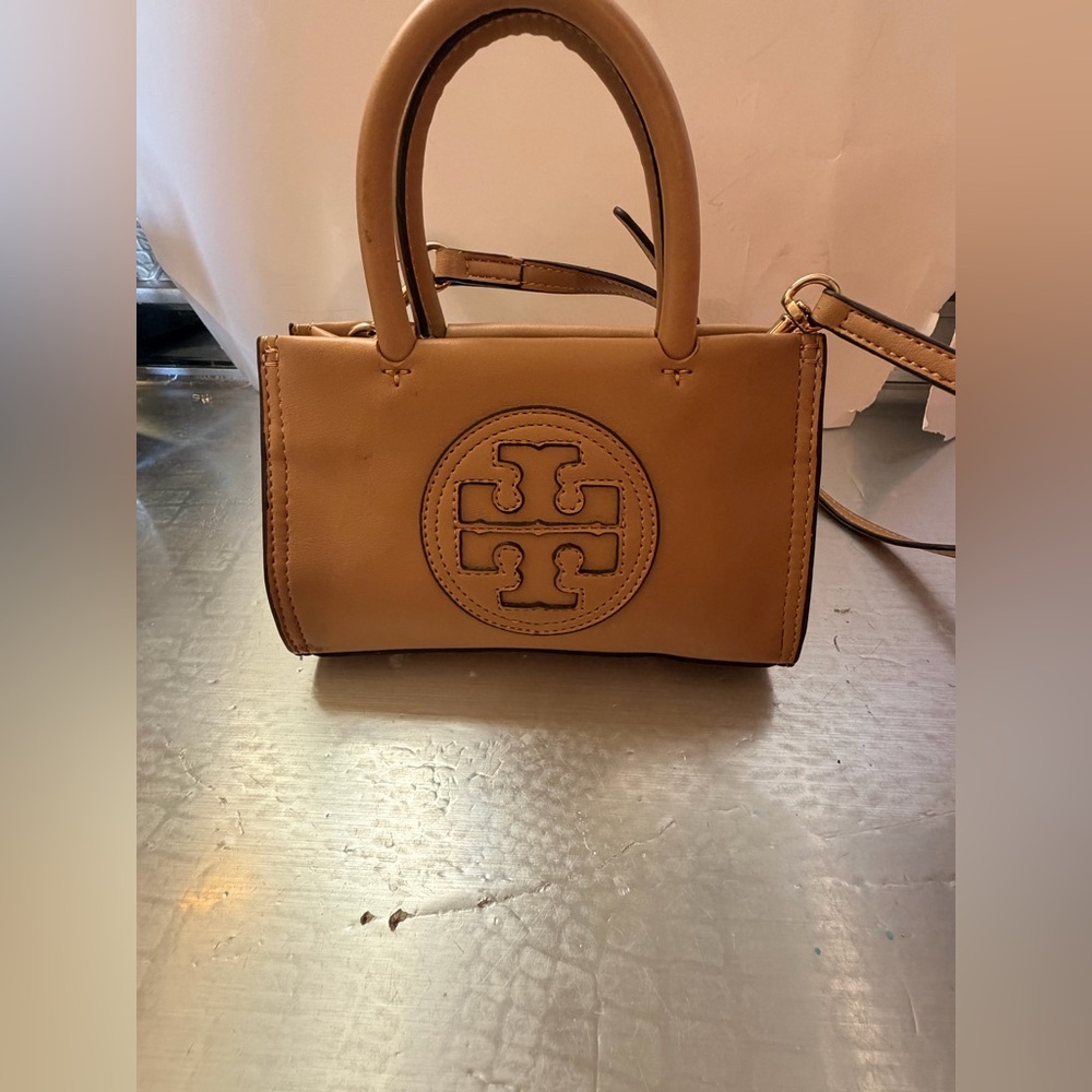 Tory Burch Camel Leather Mini Satchel with Logo Medallion